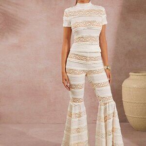 boho women's Mixed Fabric Lace Top & Flared Pants Two Pieces Set